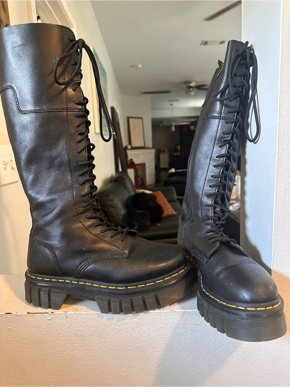 Dr. Martens Black Leather Tall Lace-Up Combat Boots with Yellow Stitching